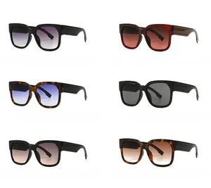 Detailed grid showing square sunglasses in black, red and tortoiseshell with gradient lenses