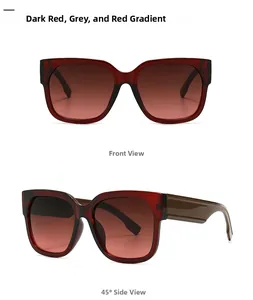 Wide leg retro sunglasses in dark red acetate with gradient lenses shown from two angles