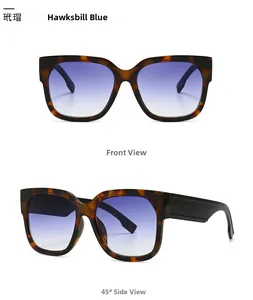 Detail of oversized tortoiseshell sunglasses with gradient blue lenses in two perspectives