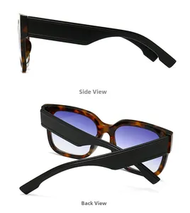Side and back view of retro wide-leg sunglasses with tortoise frames and blue gradient lenses
