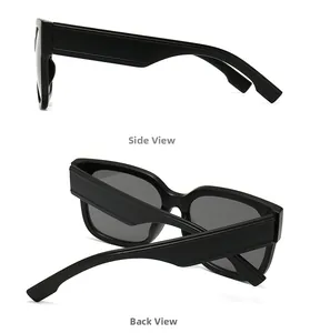 Side and back view of modern wide-temple oversized square sunglasses with dark lenses
