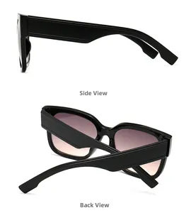 Side and back view of wide-leg retro sunglasses with black frames and gradient purple lenses
