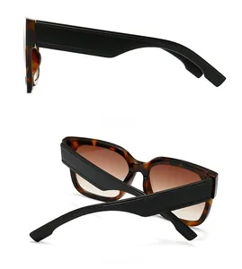 Detailed side and back views of tortoise shell sunglasses with wide black temples