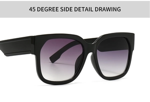 45-degree side view of bold black square sunglasses with purple gradient lenses