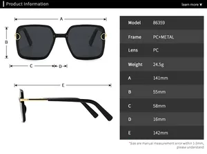 Detailed size chart for square sunglasses showing lens, bridge, and temple measurements