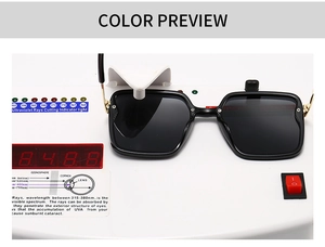 Polarized sunglasses undergoing professional UV protection test with digital sensor readout