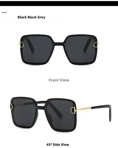 Detailed view of square polarized sunglasses featuring gold D-shaped metal accents on the temples