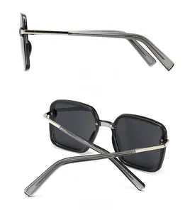 Side and back view of classic black square polarized sunglasses with metal accents
