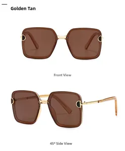 Front and 45-degree side views of golden tan square polarized sunglasses with metal frame