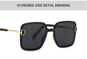 Detailed 45-degree view of square sunglasses with gold metal D-shaped hinge detail