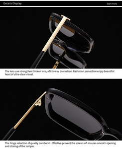Detail of square polarized sunglasses with durable metal hinges and thick black frames