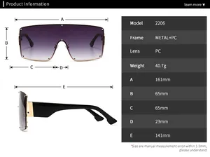 Detailed size chart for punk metal oversized sunglasses with precise measurements for model 2206