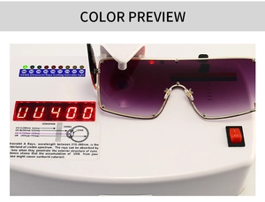 Close-up of oversized sunglasses showing UV400 protection test on digital monitor