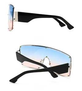 Detailed side and back views of gradient oversized punk sunglasses with metal rivets