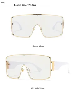 Front and side view of gold frame oversized sunglasses with yellow lenses and wide white legs