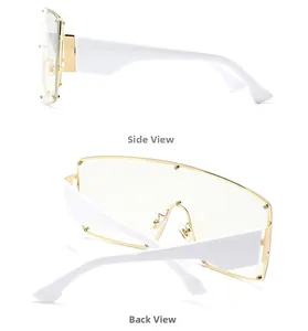 Detail view of side and back showing wide white temples and gold metal hardware