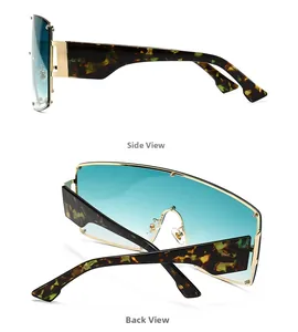 Side and back view of oversized shield sunglasses with blue gradient lenses and tortoiseshell arms