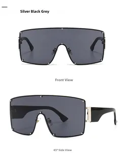 Detailed front and side view of punk style oversized sunglasses with metal rivets