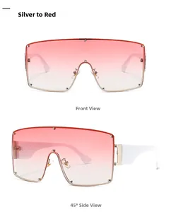 Detail of shield sunglasses showing silver rivets and red gradient lenses on white