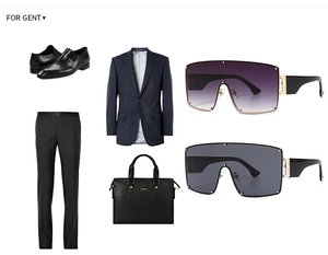 Flat lay of oversized punk sunglasses with business attire and a leather briefcase