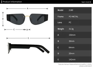 Detailed size chart for retro square sunglasses with PC and metal frame dimensions