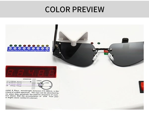 UV400 testing display for vintage frameless sunglasses with grey gradient lenses