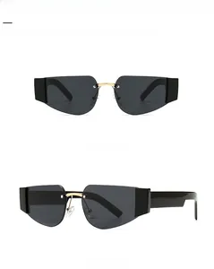 Front and 45-degree side view of rimless square sunglasses with gold metal bridge
