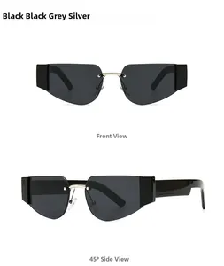 Front and side views of modern rimless wrap sunglasses with black and silver frame