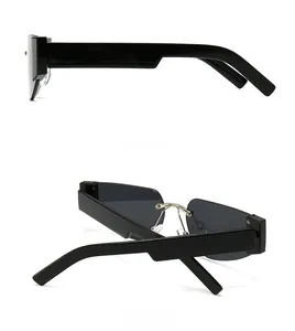 Detail view showing side and back angles of square rimless sunglasses with thick black temples