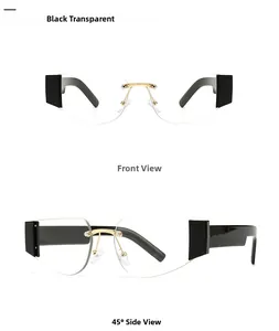 Front and 45-degree side view of rimless square sunglasses with gold metal bridge