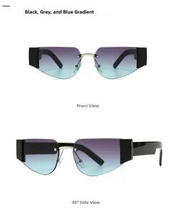 Front and 45-degree angle views of rimless sunglasses with black grey blue gradient lenses