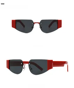 Frameless irregular red and black sunglasses shown from front and 45-degree side angles