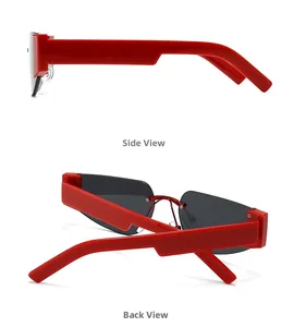 Detailed side and back view of modern red square sunglasses with thick frames
