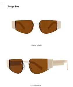 Front and 45-degree side views of retro oversized rimless sunglasses with tan lenses