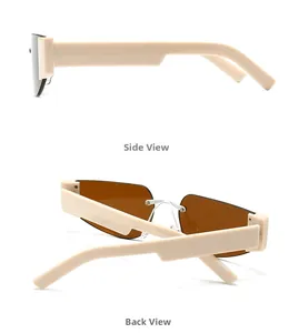 Detailed side and back views of cream rectangle sunglasses with brown tinted lenses