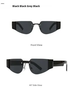 Front and side view of modern rimless black sunglasses with grey translucent lenses
