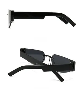Side and back view of narrow rectangular black sunglasses with silver hinge details