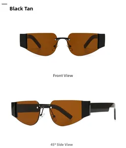 Front and side angle macro of rimless sunglasses with black temples and tan lenses