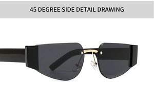 45 degree side detail of rimless sunglasses with dark grey lens and black temples