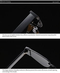 Detail of high-quality metal hinges and UV protection lenses on black square sunglasses