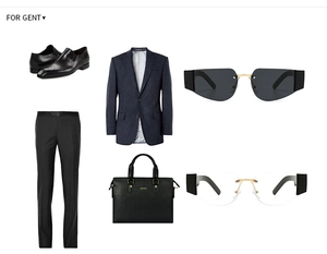 Flat lay of men's business suit set with navy blazer, leather bag and square sunglasses