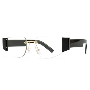 Modern rimless square sunglasses with gold bridge and thick black temples for women