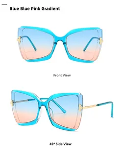 Detailsicht der blauen Schmetterlings-Sonnenbrille mit goldenen T-förmigen Scharnieren
