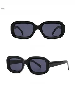 Front and 45-degree side view of retro rectangular thick frame sunglasses in black