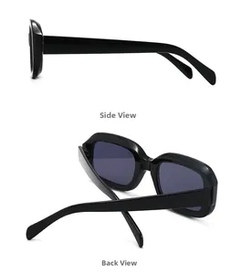 Side and back view of narrow square sunglasses with thick black glossy frames and dark lenses