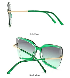 Seiten- und Rückansicht der Schmetterlings-Sonnenbrille mit grünem Rahmen und Goldbügeln