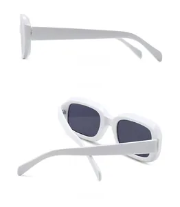 Detail view of white rectangular sunglasses showing the side and back frame structure