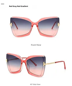 Detailansicht der Schmetterlings-Sonnenbrille mit goldenen T-Metallscharnieren und Verlaufsgläsern