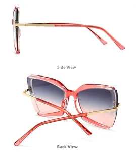 Seiten- und Rückansicht der Retro-Schmetterlings-Sonnenbrille mit rotem Rahmen und Goldbügeln
