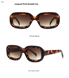 Front and 45-degree side views of leopard print square sunglasses with tan lenses